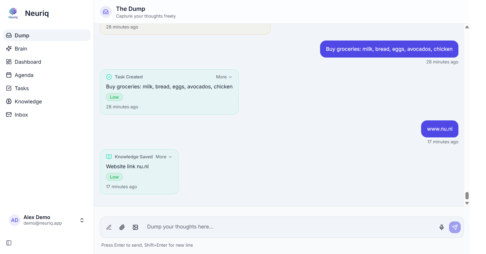 The Dump - Brain dump your thoughts freely. AI automatically categorizes tasks, events and knowledge items.