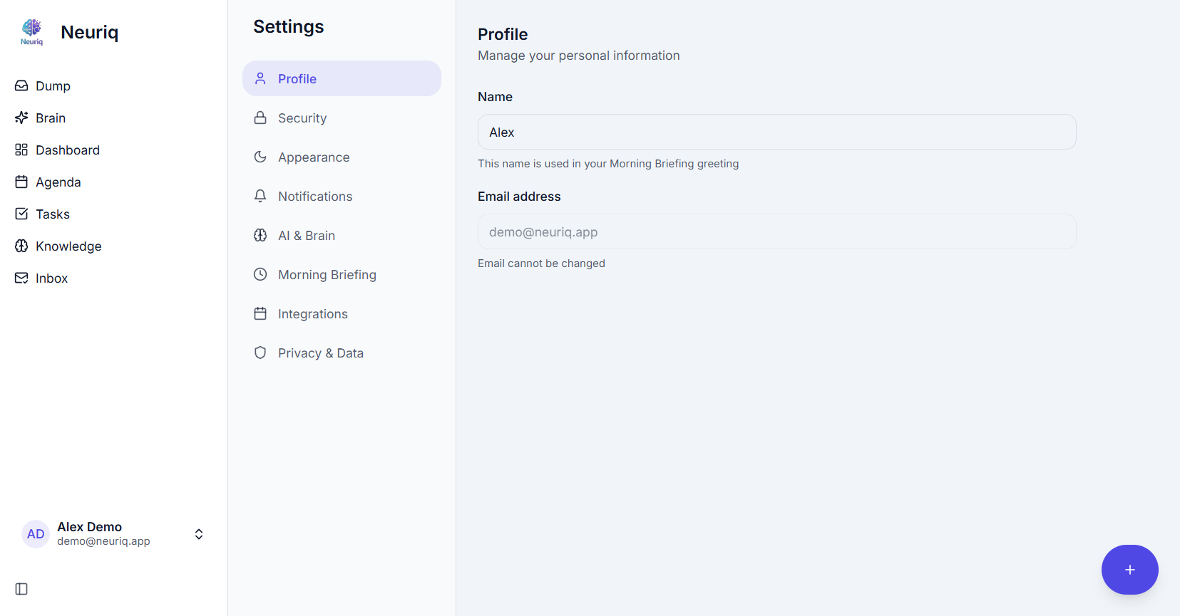 Neuriq Settings - Personalization