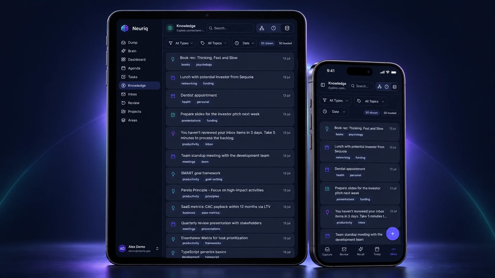 Neuriq preview on iPhone and iPad, showing the knowledge library and mobile navigation